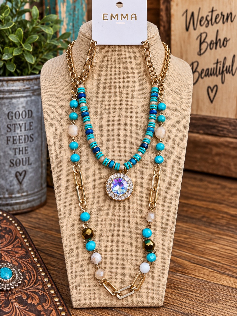 EMMA Turquoise Beaded Layered Gold Chain Pendant Necklace Boho Western